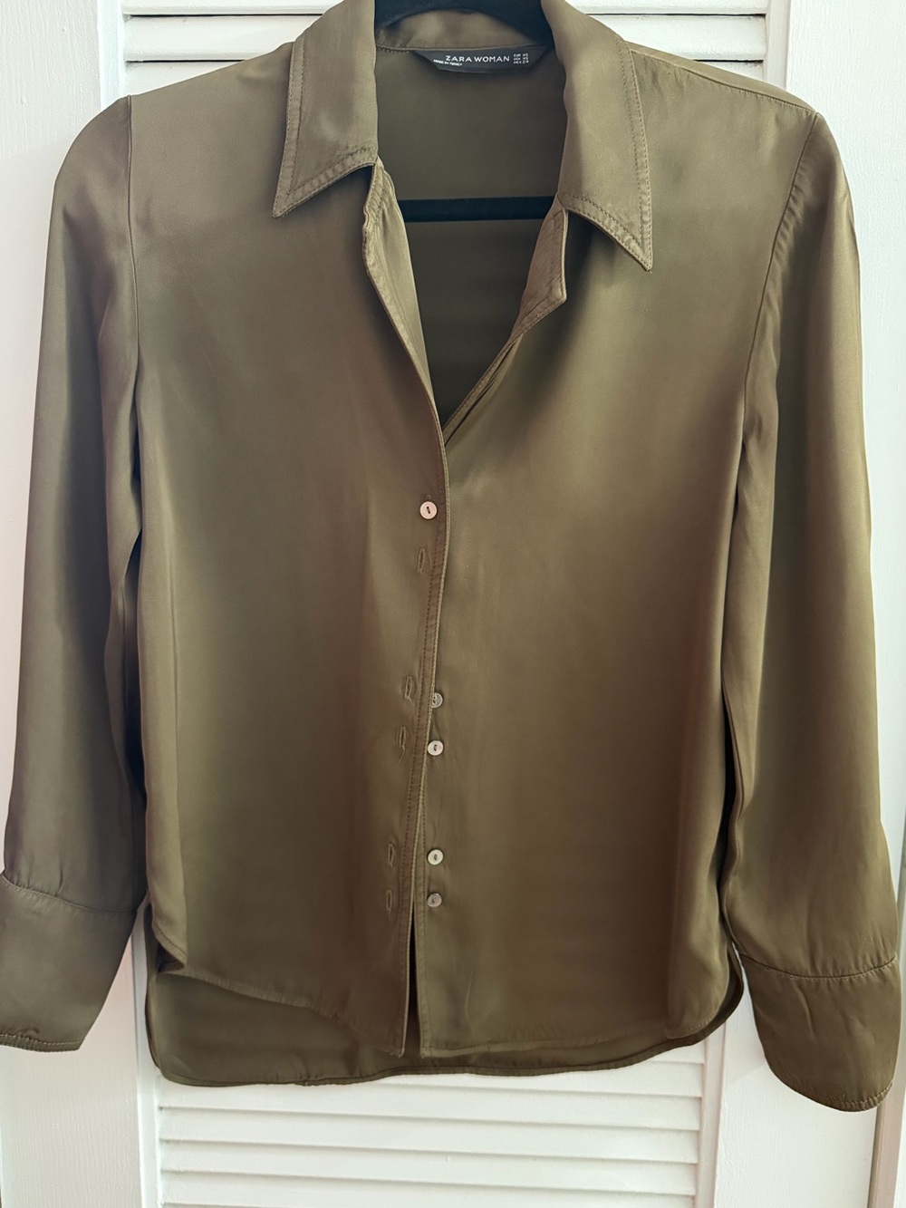 Zara Olive Button-Front Satin Blouse Size XS